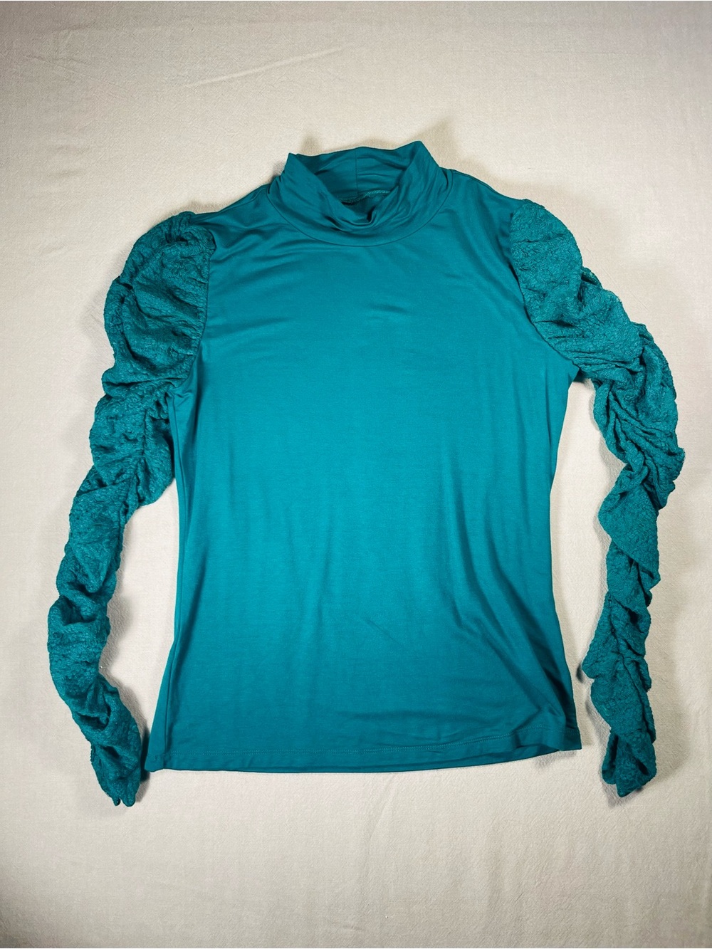 Maeve Teal Mock Neck Top with Ruched Sleeves